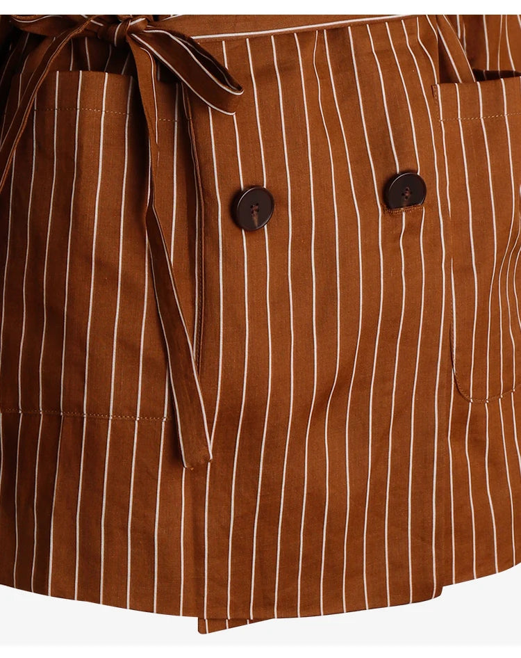 Russet copper wide-stripe ramie blazer, bottom part front view with patch pockets and flowing lines – From Borcelleclothes.