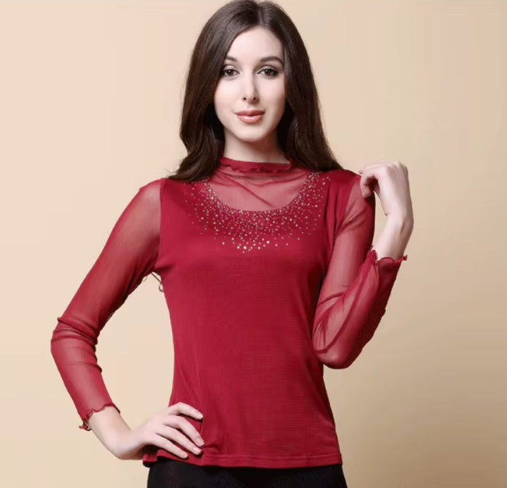 Women's dual-layer silk top in Vivid Burgundy color with gauze silk overlay, ruffled high neck, and rhinestone accents. From Borcelleclothes.