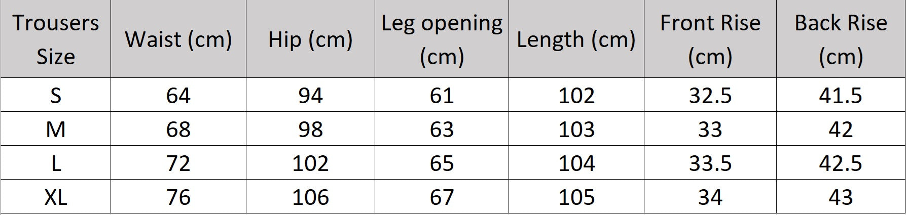 Women's size chart for trousers of two-piece set in Fiord grey-blue — features a short five-button jacket and wide-leg trousers with crossed front pleats, crafted in fluid, softly textured fabric. From Borcelleclothes.