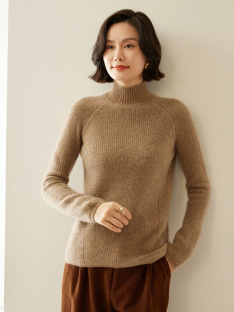 Women's Slim-fitting Fisherman rib cashmere sweater in Coffee with Cream color, with sculptural raglan lines, mock neck, and diagonal purl panels — From Borcelleclothes.