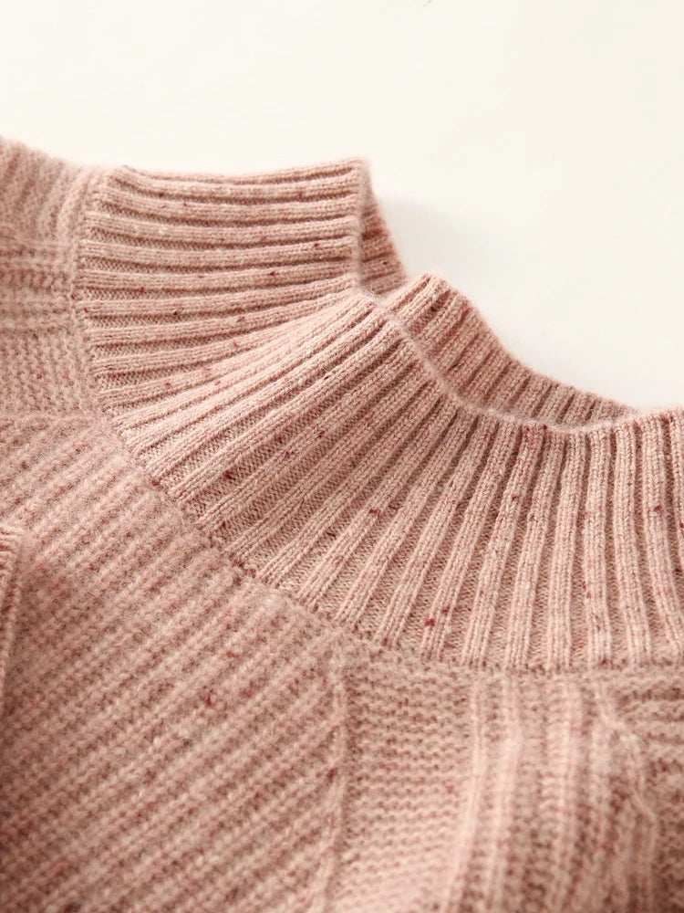 Close-up of Delicate Bloom cashmere sweater mock neck in 2x2 rib — From Borcelleclothes.