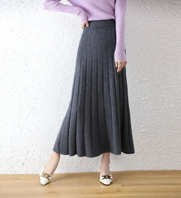 Women's Wool skirt In Davy Grey, with expanding pleats and soft volume near the hem — From Borcelleclothes.