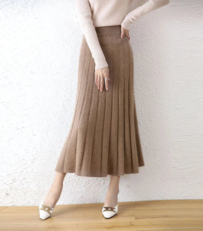 Women's Wool skirt In Pastel Brown, with expanding pleats and soft volume near the hem — From Borcelleclothes.