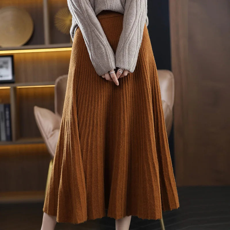 Women's flaring lines merino skirt with sculpted silhouette and fluted hem, shown in Sepia— From Borcelleclothes.