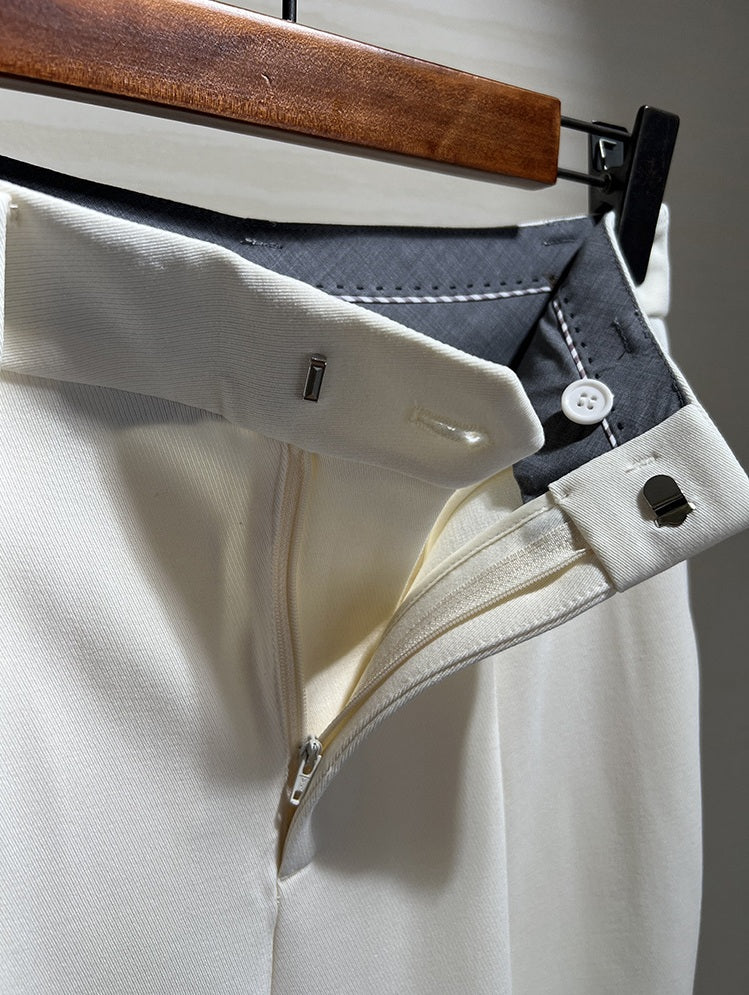 Platinum trousers with unfastened zipper fly, showing the construction details. From Borcelleclothes.