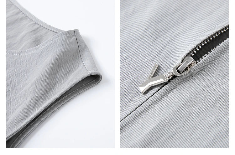 Collage showing the shoulder and partially unzipped front of the French Grey jacket. From Borcelleclothes.