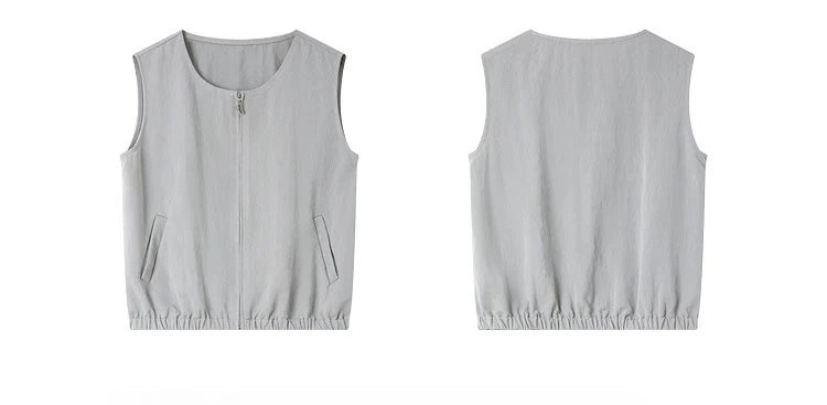 Flat view of the sleeveless jacket in French Grey, front and back. From Borcelleclothes.