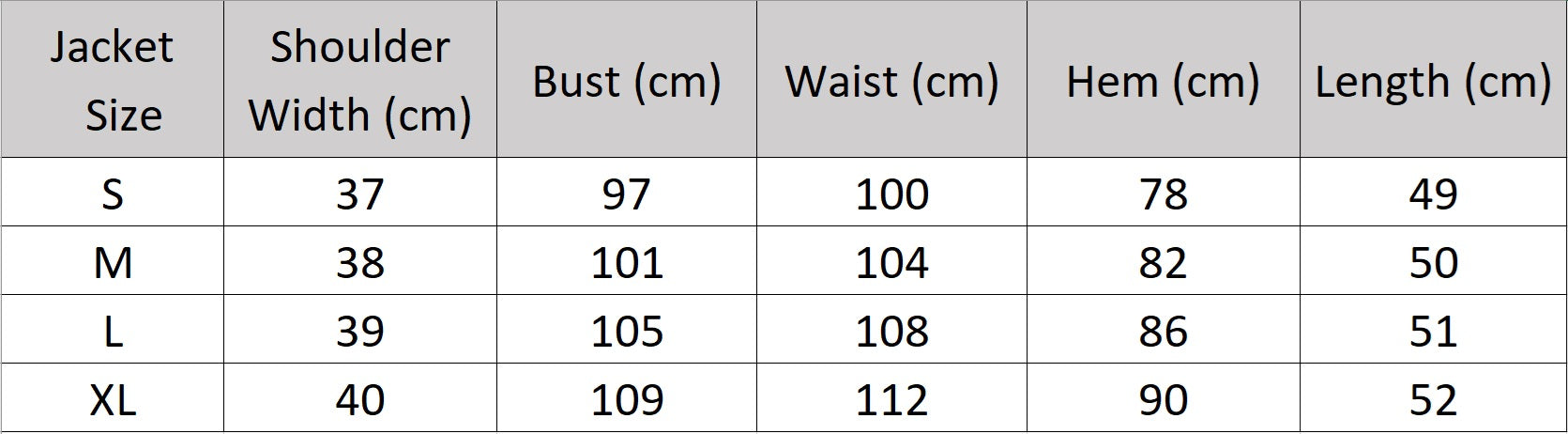 Size chart displaying measurements for the French Grey jacket. From Borcelleclothes.