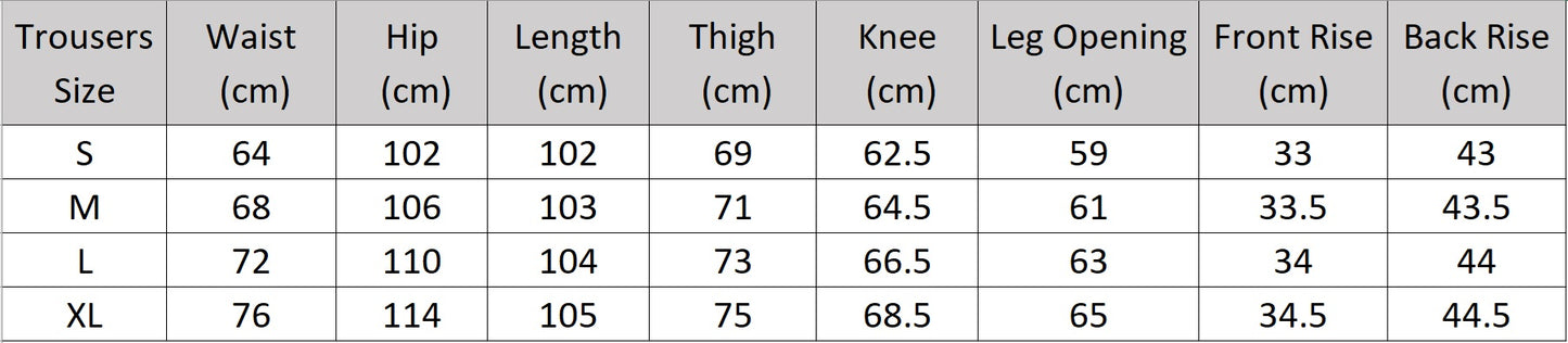 Size chart showing detailed measurements for the French Grey trousers. From Borcelleclothes.