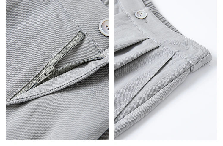 Collage of unzipped zipper fly and slash pocket details on French Grey trousers. From Borcelleclothes.