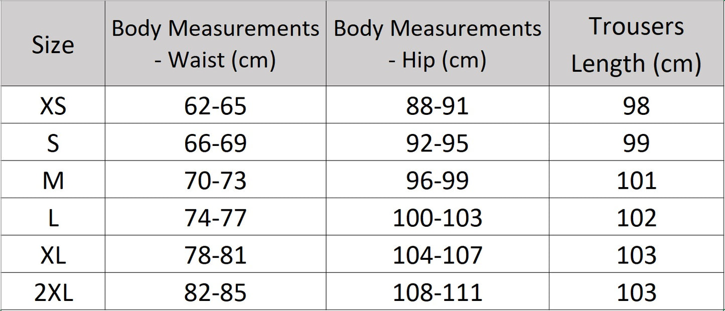 Women's size chart for wide-leg silk trousers, made from heavy crepe. A structured silhouette that moves with gravity and grace. From Borcelleclothes.