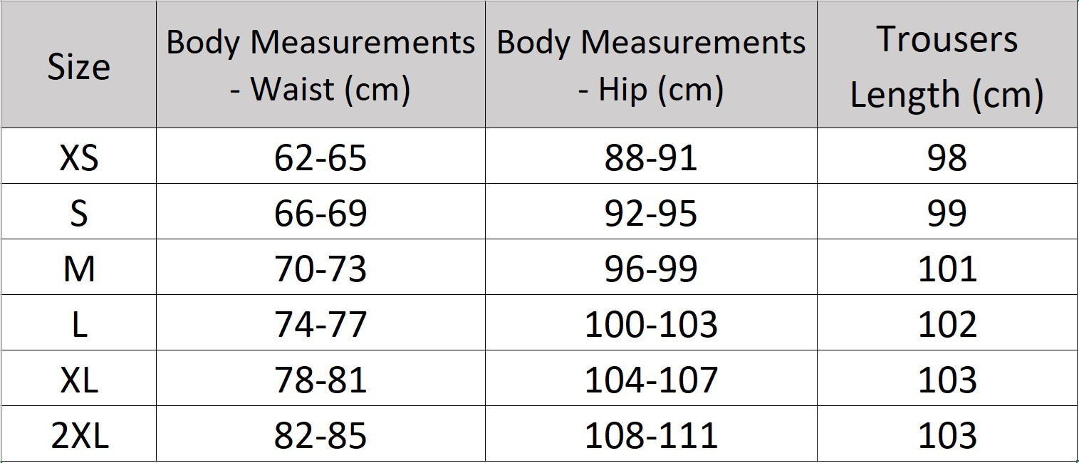 Women's size chart for wide-leg silk trousers, made from heavy crepe. A structured silhouette that moves with gravity and grace. From Borcelleclothes.
