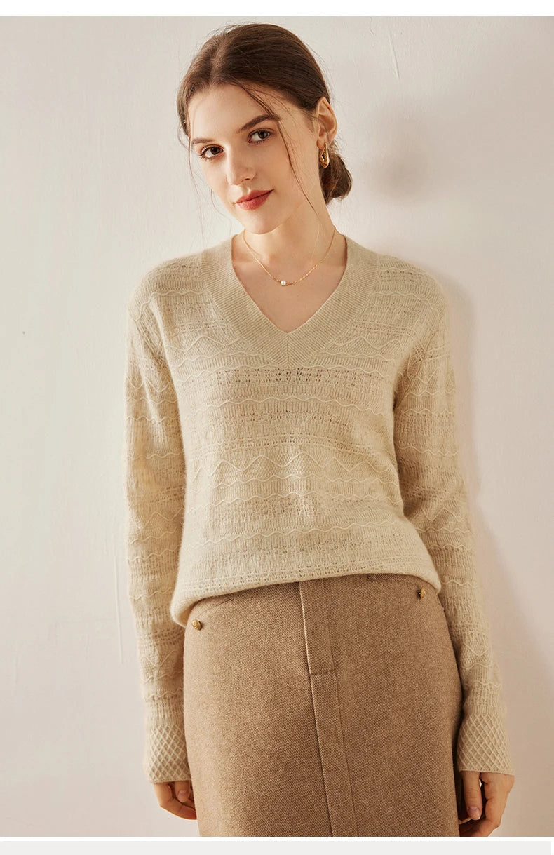 Himalayan cashmere sweater in First Date with model’s arms relaxed at sides — From Borcelleclothes.