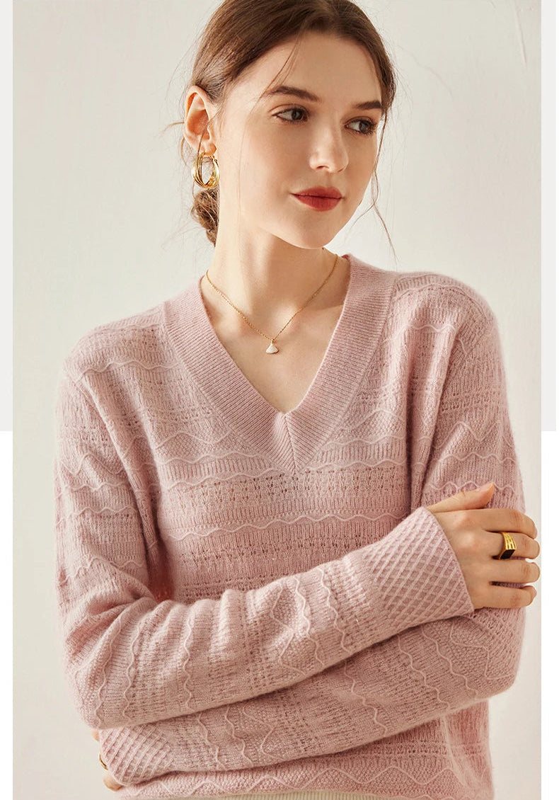 Himalayan cashmere sweater in French Romance with model’s arms gently crossed — From Borcelleclothes.