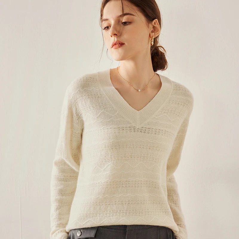 Women's Himalayan cashmere sweater in Pearl Bush color, with striped knit textures and diamond lattice cuffs — From Borcelleclothes.
