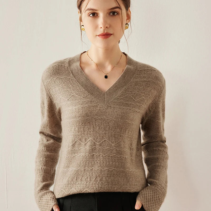Women's Himalayan cashmere sweater in Sweet Wood color, with striped knit textures and diamond lattice cuffs — From Borcelleclothes.