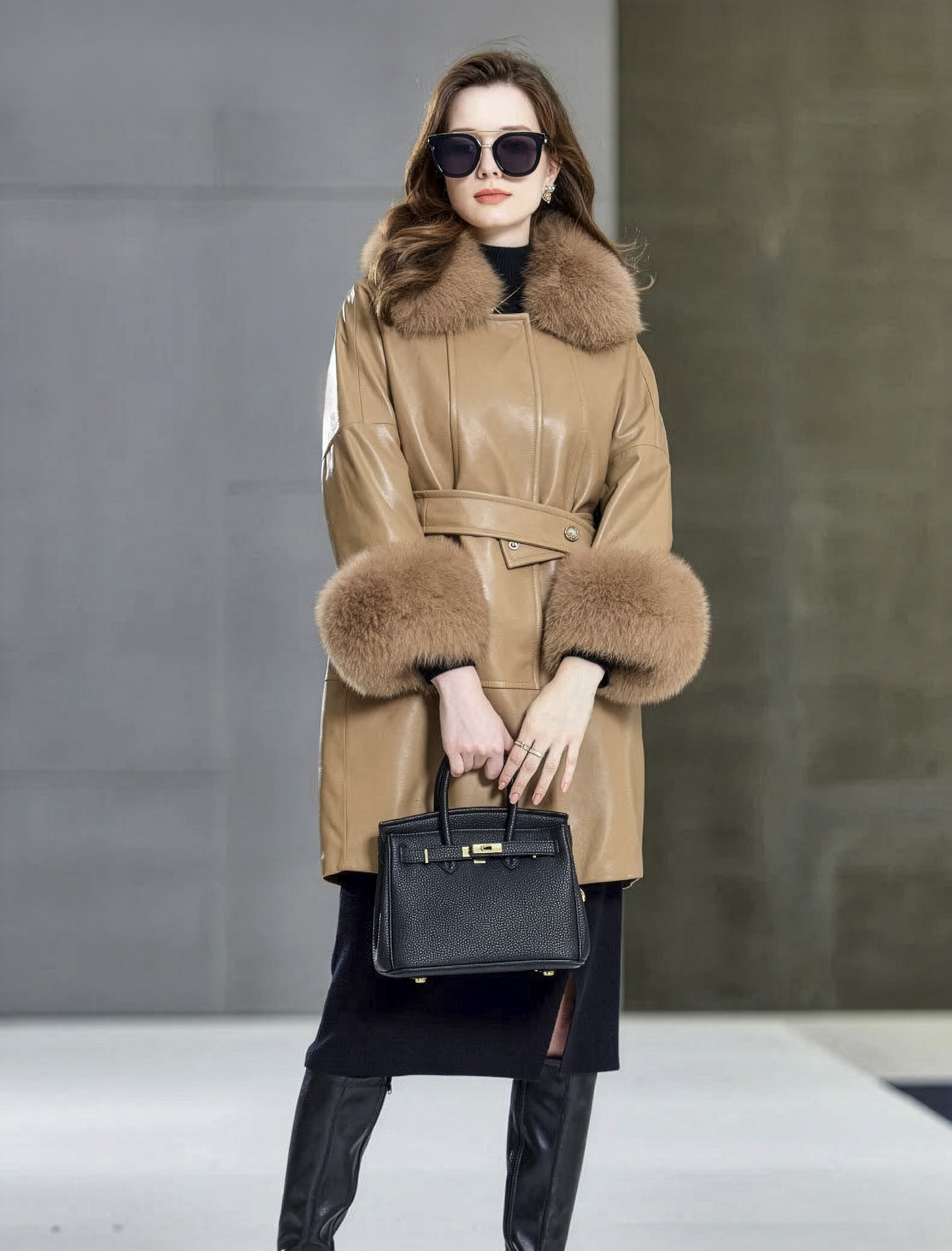 Model in Light French Beige sheepskin coat holding a bag with both hands, front folds softly visible. — From Borcelleclothes.