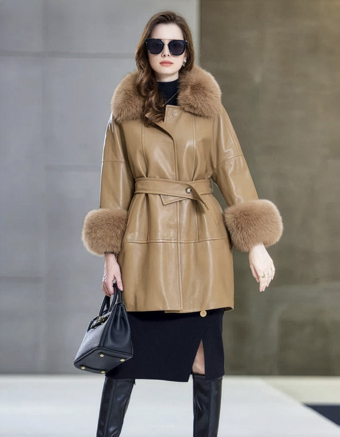 Light French Beige sheepskin coat styled with a black bag, showcasing wide sleeves and soft structure. — From Borcelleclothes.