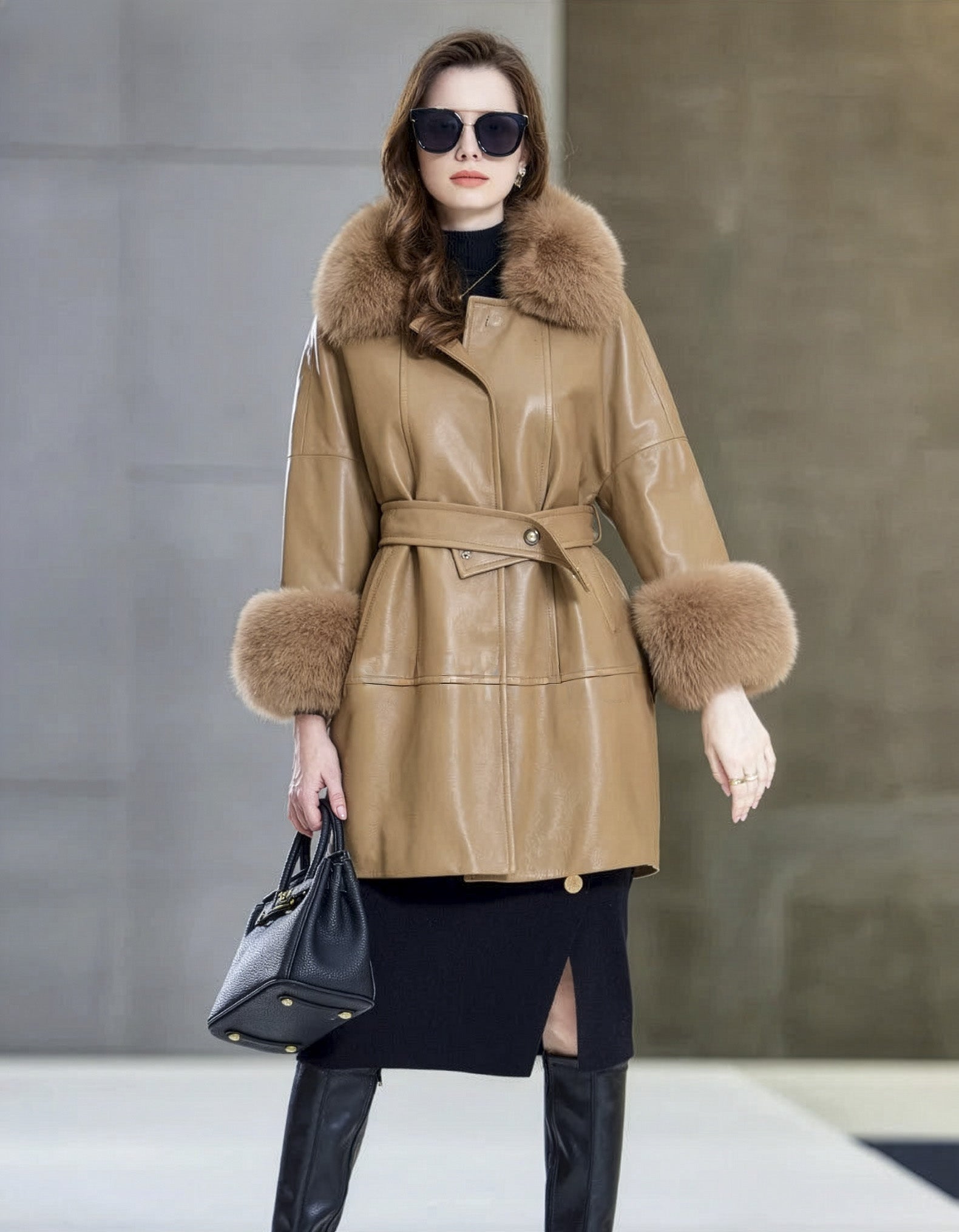 Light French Beige sheepskin coat styled with a black bag, showcasing wide sleeves and soft structure. — From Borcelleclothes.