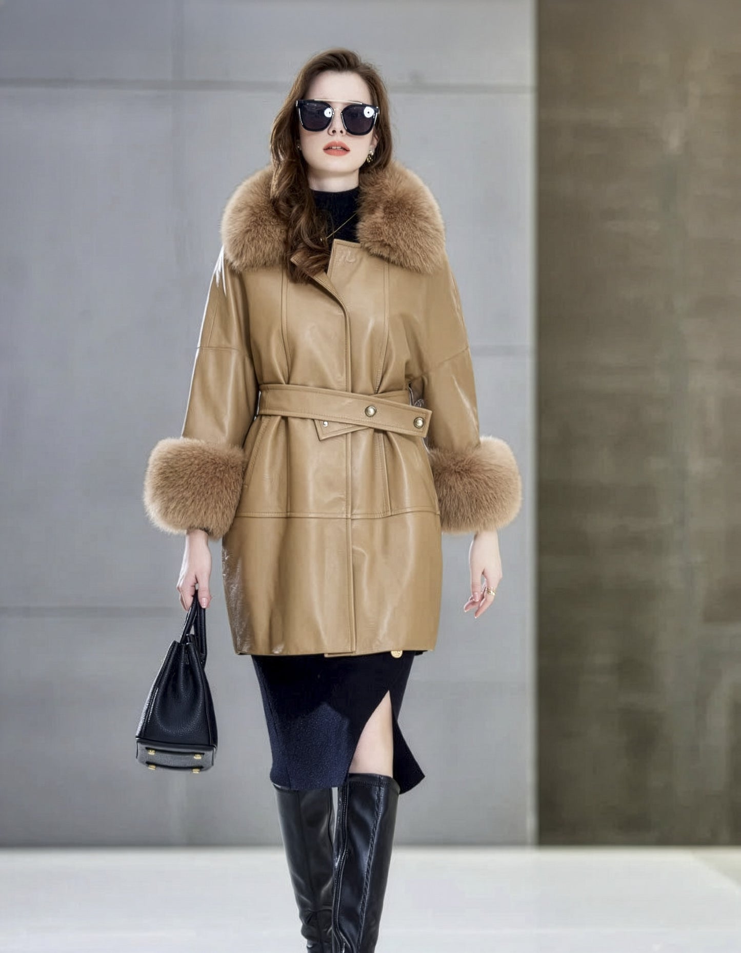 Model in Light French Beige sheepskin coat with kimono sleeves walking forward, fabric moving gently. — From Borcelleclothes.