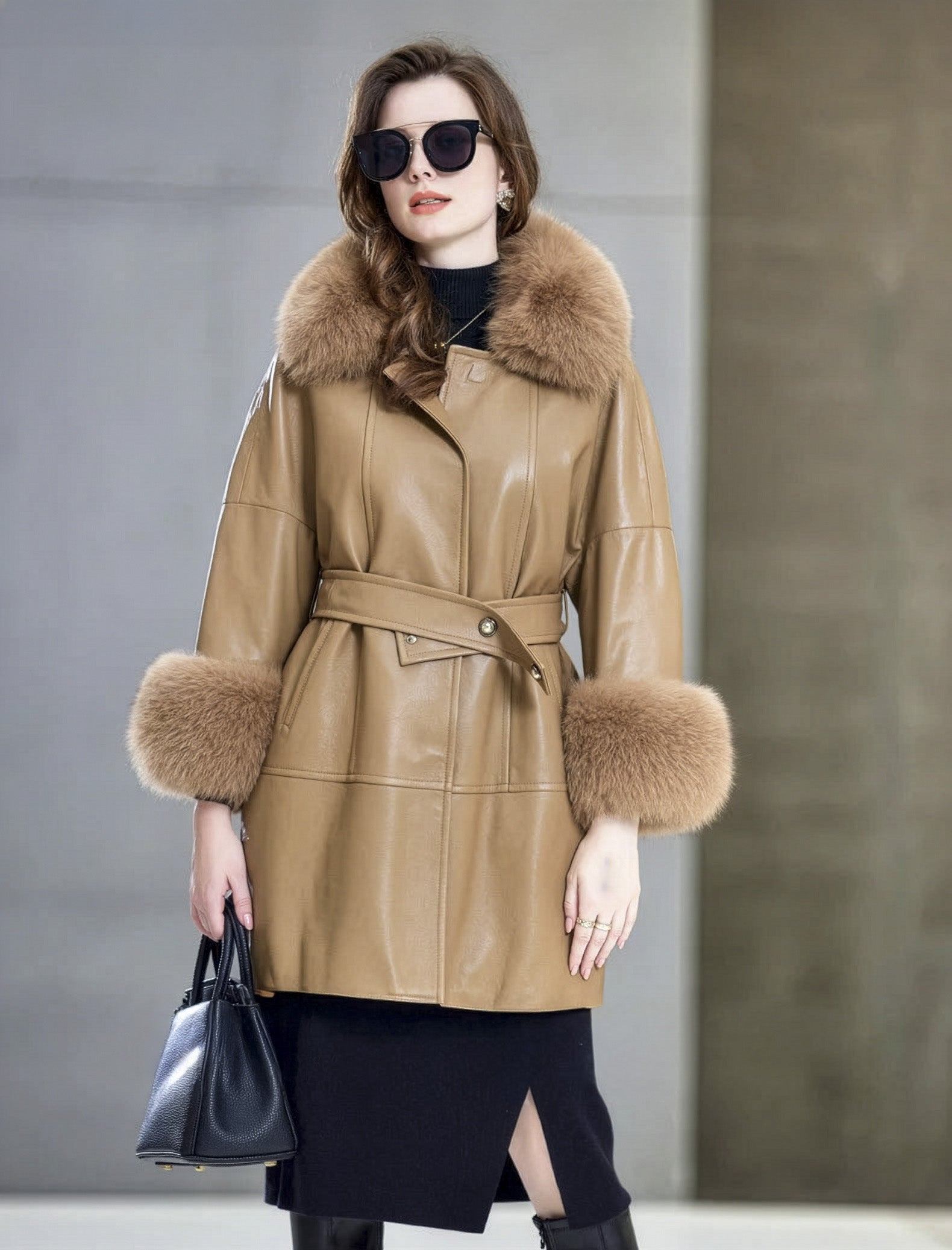 Side leg pose in Light French Beige sheepskin coat revealing the fluidity of its relaxed silhouette. — From Borcelleclothes.