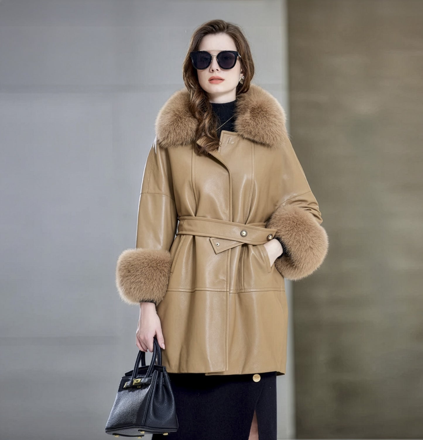Women’s sheepskin coat in Light French Beige, with fox fur collar and kimono sleeves, belted waist, and thigh-length silhouette. — From Borcelleclothes.