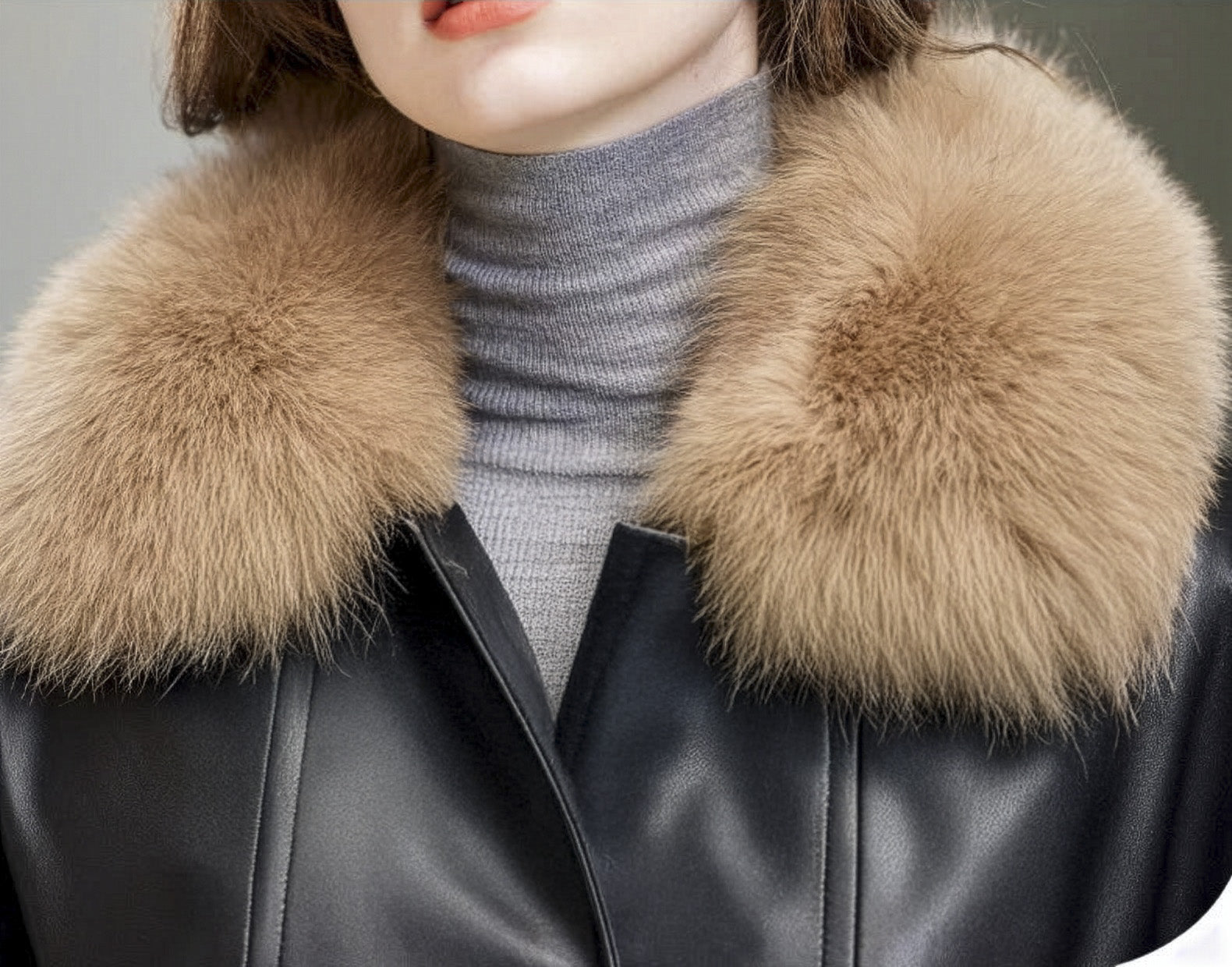 Close-up of the Onyx sheepskin coat collar, softly shaped with hidden structure. — From Borcelleclothes.