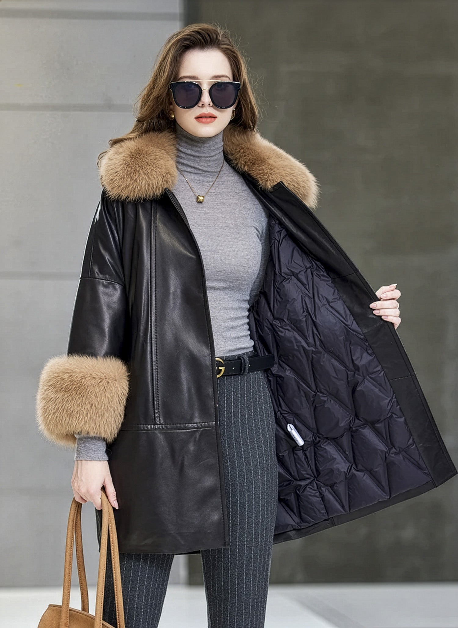 Onyx sheepskin coat with kimono sleeves shown open to reveal tonal lining and precise interior finish. — From Borcelleclothes.