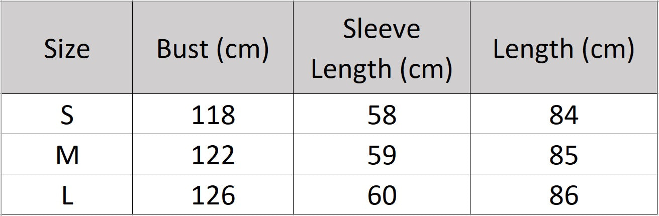 Women’s size chart for a sheepskin coat, with fox fur collar and kimono sleeves, belted waist, and thigh-length silhouette. — From Borcelleclothes.