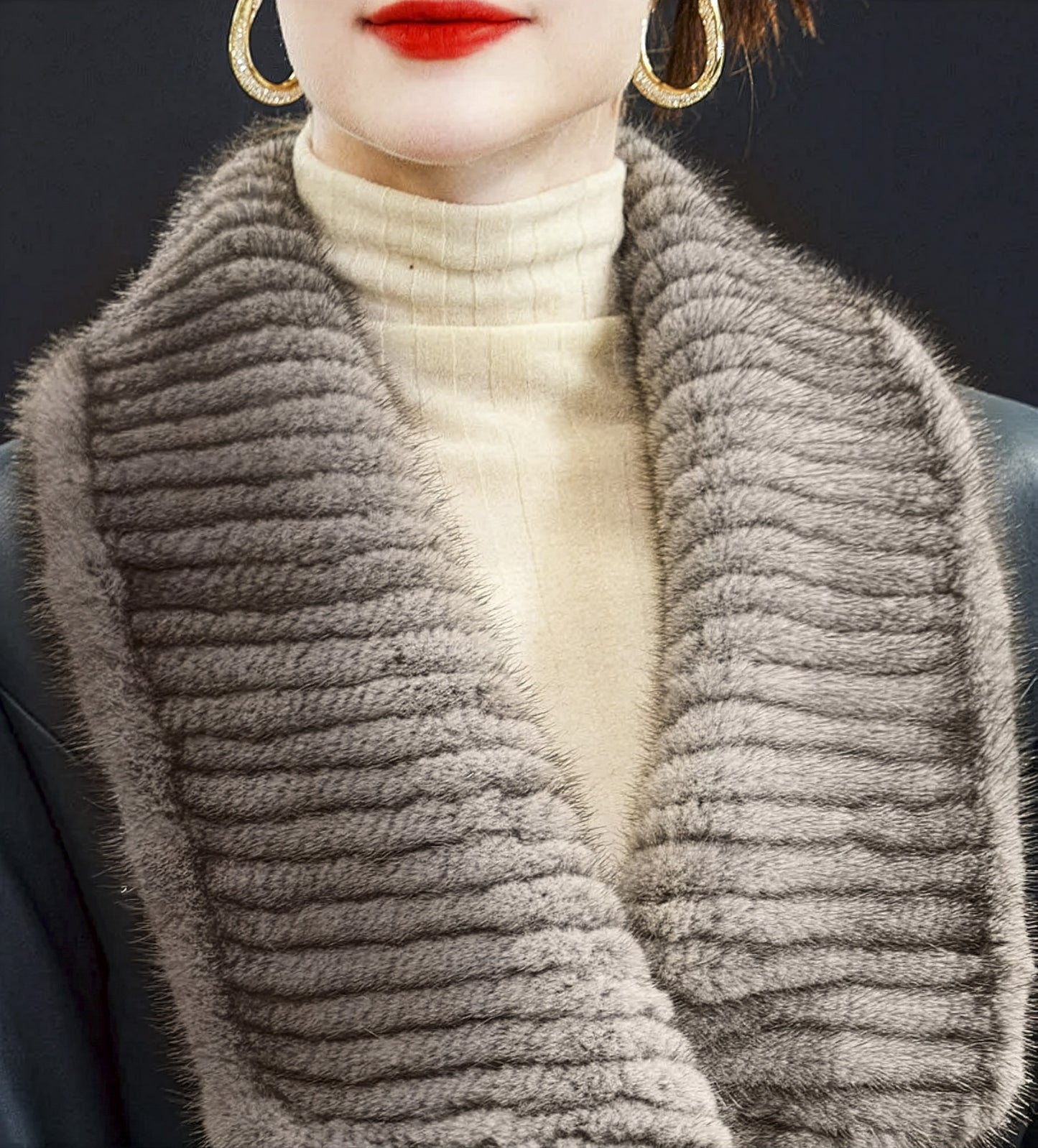 Rectangular striped mink collar extending to the high waist on sheepskin coat in Independence. — From Borcelleclothes.