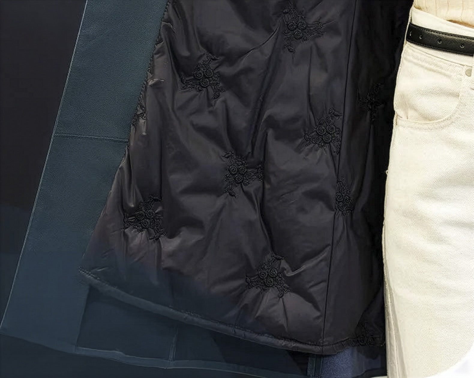Interior view of sheepskin coat in Independence showing down-filled lining. — From Borcelleclothes.