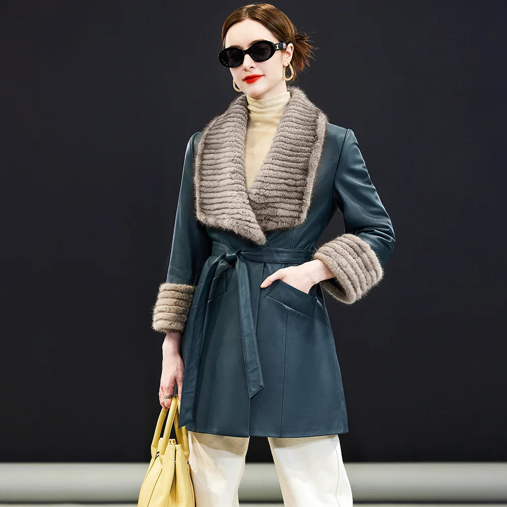 Model wearing sheepskin coat in Independence with hand placed in side welt pocket. — From Borcelleclothes.