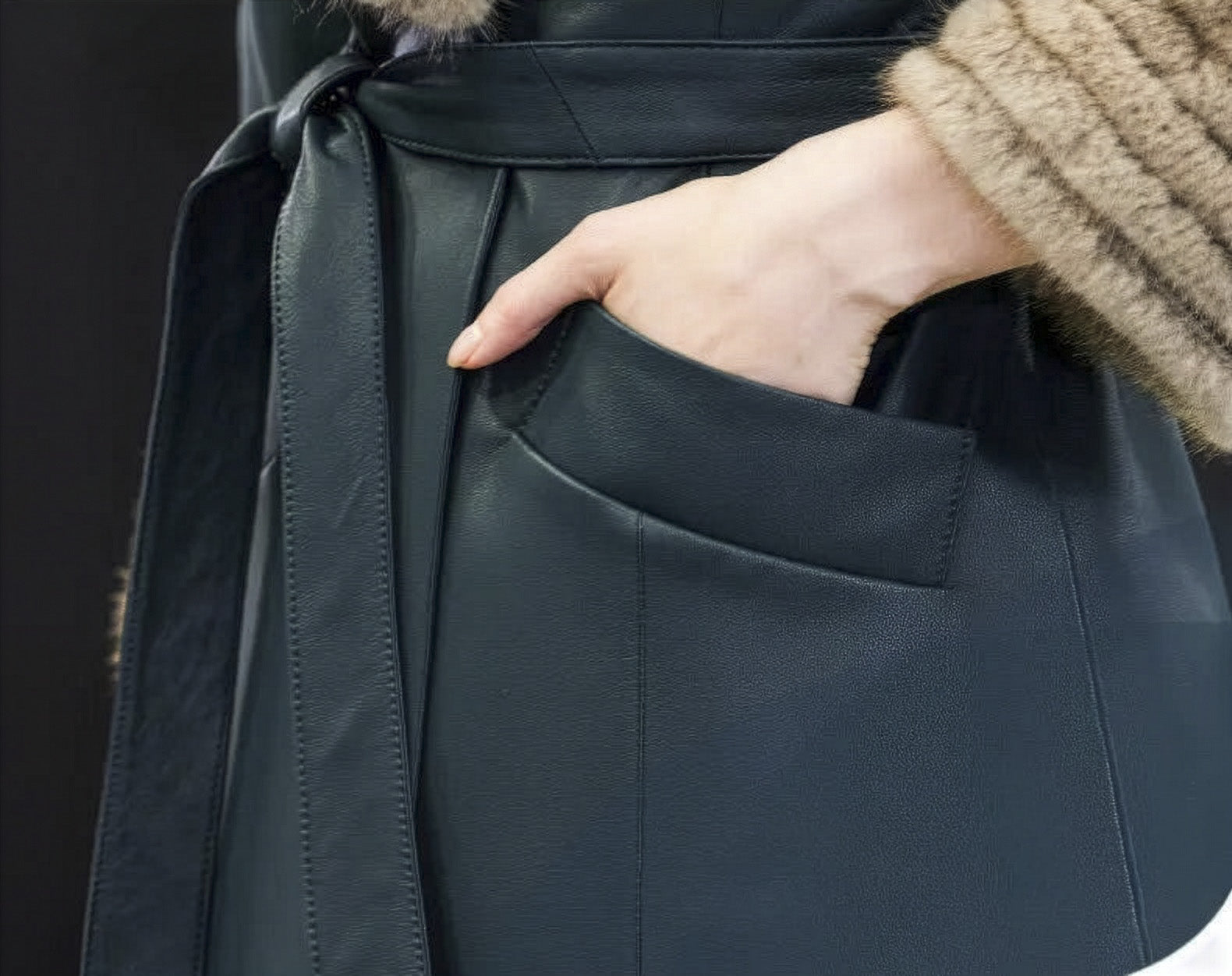 Detail of diagonally exposed single-welt pocket on sheepskin coat in Independence. — From Borcelleclothes.