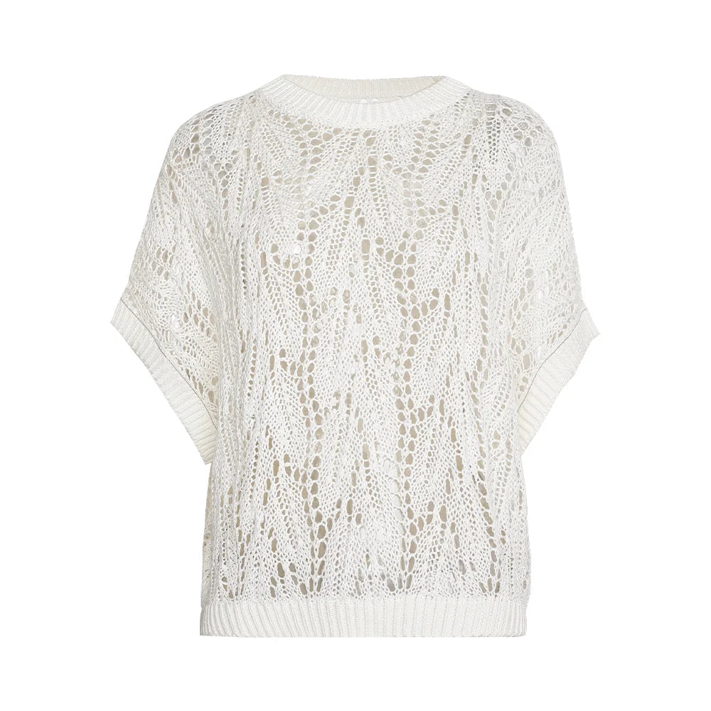Women's linen top in Whisper color with hollow leaf-pattern knit, short batwing sleeves, and chain-trimmed cuffs—structured, breathable, and visually striking. From Borcelleclothes.