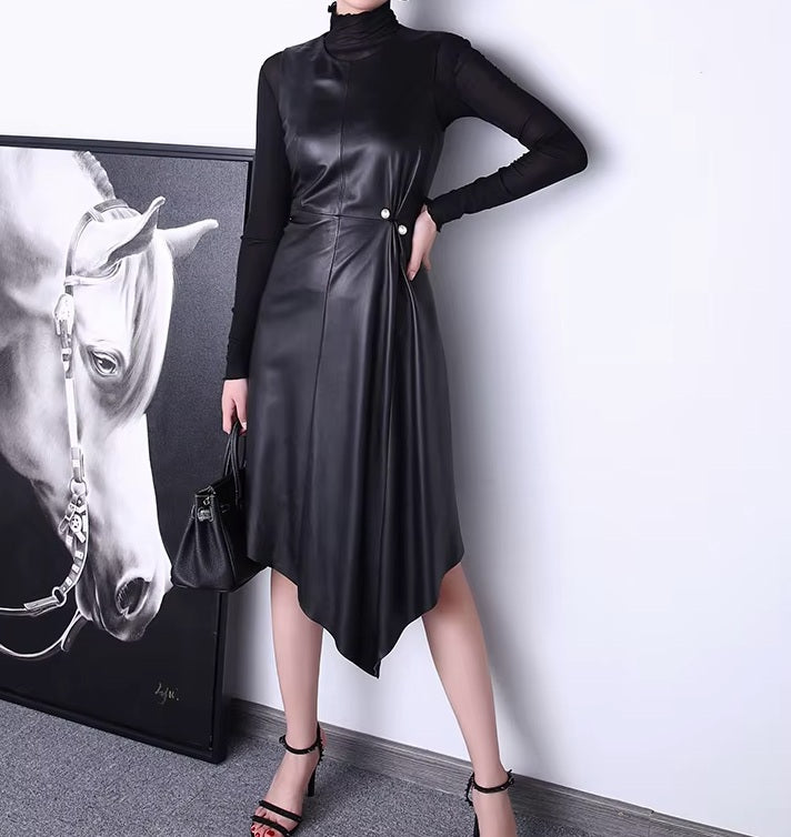 asymmetrical leather dress Faux Leather One Shoulder Pleated Cutout Asymmetrical Midi Dress