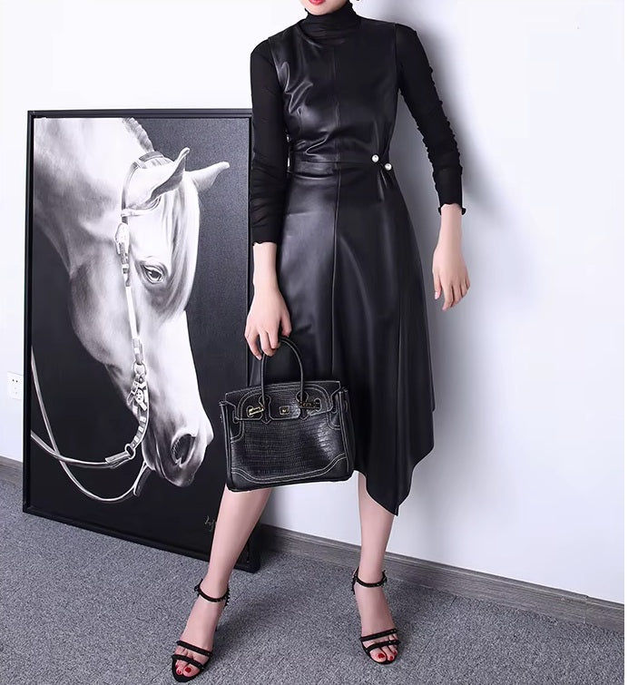 Women's Leather Asymmetrical Dress: Art of Restraint With a Bold Twist Borcelleclothes Women's Leather Asymmetrical Dress: Art of Restraint With a Bold Twist Borcelleclothes