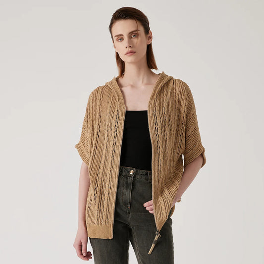Women's linen lace hoodie in Mocha featuring a translucent knit, braided stitches, a zipper front, and a relaxed hood. From Borcelleclothes.