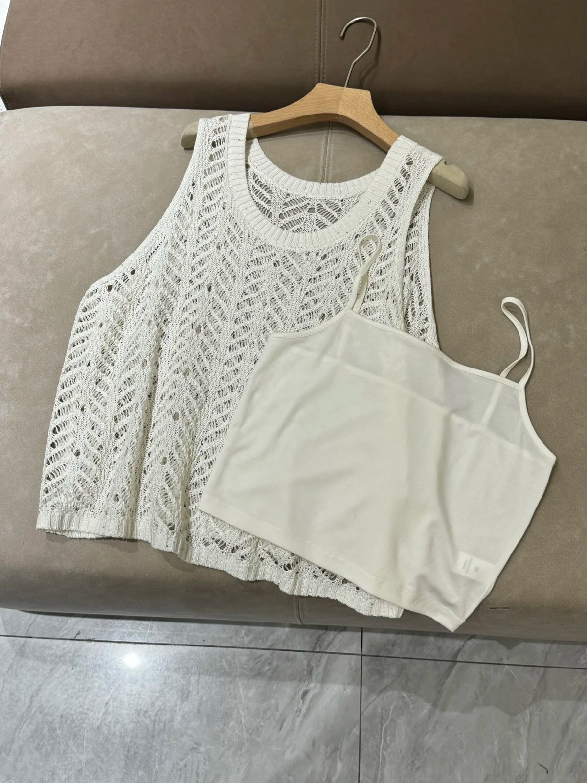 Flat view of the Women's Linen top in Pearl Bush with a matching camisole.  From Borcelleclothes.