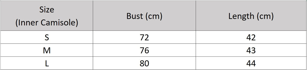 Women's size chart for an inner camisole of the Linen top with wide ribbed neckline and airy openwork pattern, combining festive lightness with sculptural elegance. From Borcelleclothes.