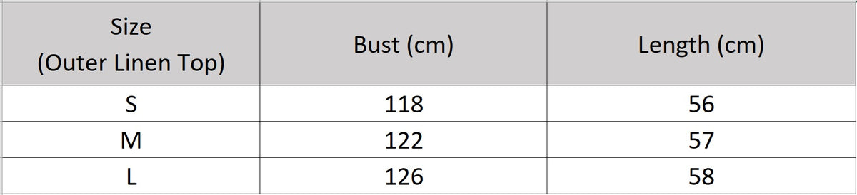 Women's size chart for a Linen top with wide ribbed neckline and airy openwork pattern, combining festive lightness with sculptural elegance. From Borcelleclothes.