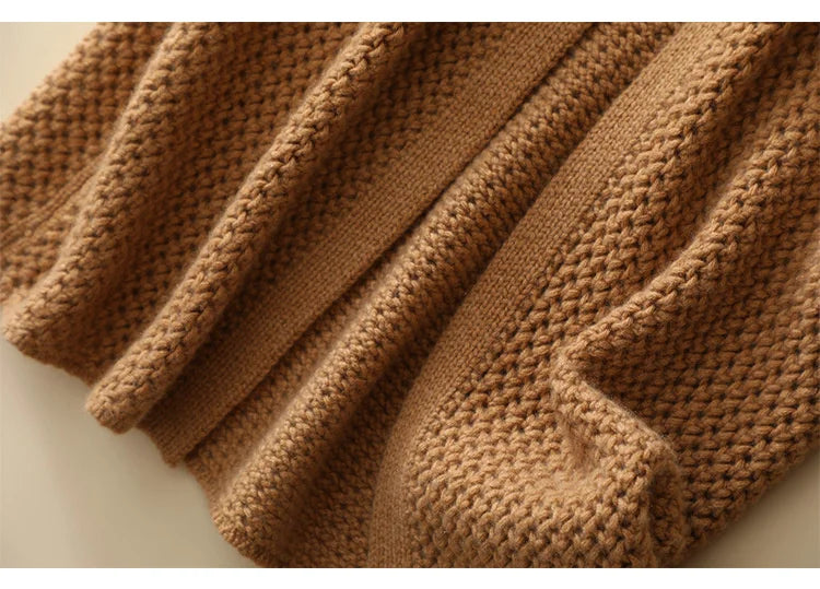 Bottom hem detail of the Fox-color long cashmere mesh cardigan — From Borcelleclothes.