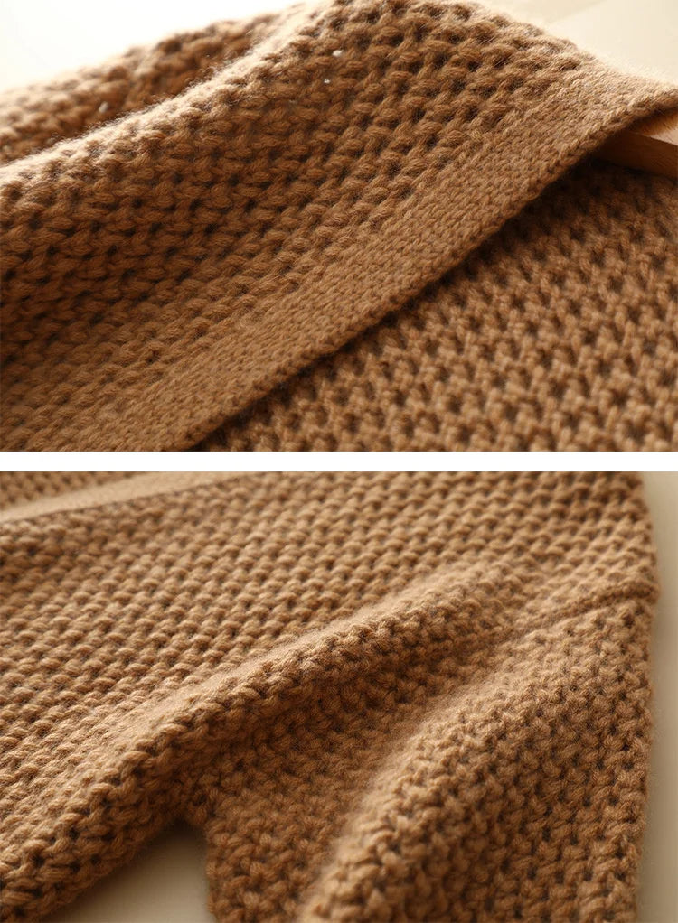 Fox-color cardigan collage highlighting placket and shoulder construction — From Borcelleclothes.