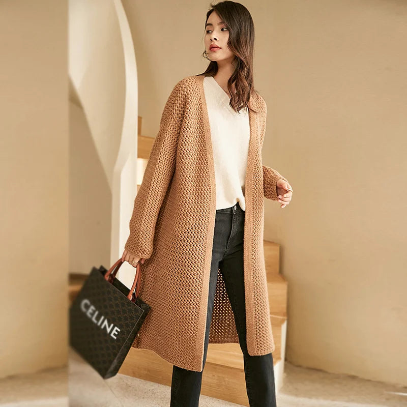 Women’s mid-calf open cashmere cardigan in thick honeycomb mesh, shown in Fox-color — From Borcelleclothes.