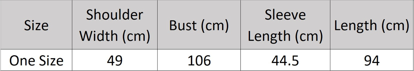 Women’s size chart for a mid-calf open cashmere cardigan in thick honeycomb mesh — From Borcelleclothes.