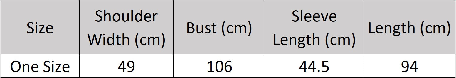 Women’s size chart for a mid-calf open cashmere cardigan in thick honeycomb mesh — From Borcelleclothes.