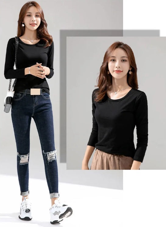 Collage of the Women's Long-Sleeve Scoop Neck T-Shirt in black, highlighting different angles. Made from a soft, stretchy cotton blend, this top features a figure-enhancing fit with a scoop neck and long sleeves, perfect for layering or wearing alone. From Borcelleclothes.