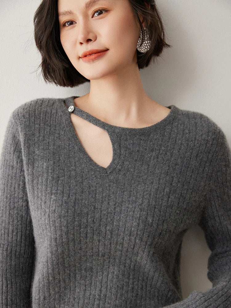 Women's Loop neckline cashmere sweater in wide ribbed knit with slit cuffs, shown in Davy Grey color — From Borcelleclothes.