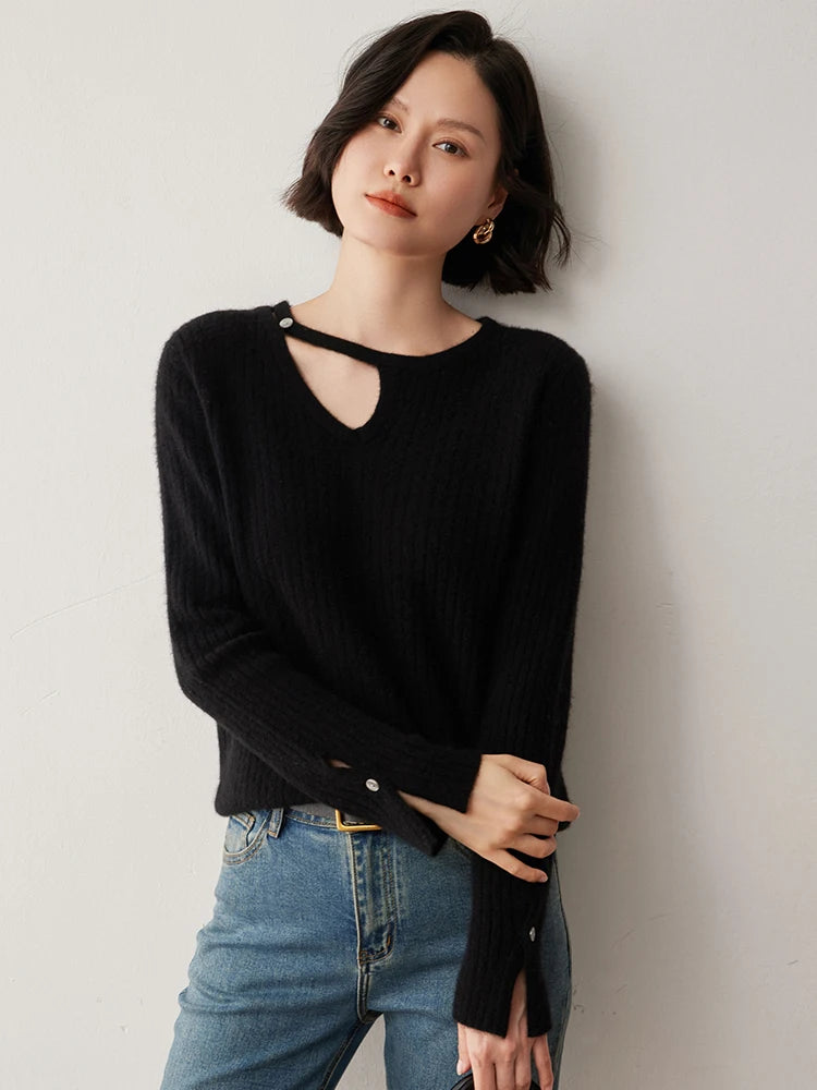 Women's Loop neckline cashmere sweater in wide ribbed knit with slit cuffs, shown in Onyx color — From Borcelleclothes.