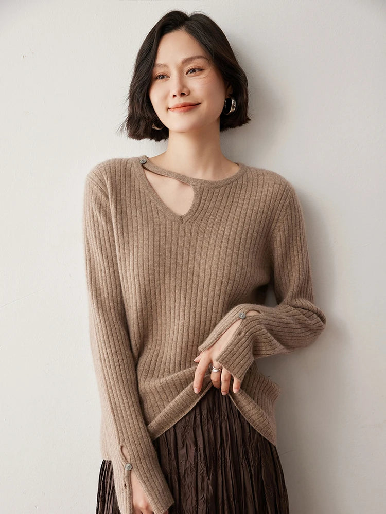 Women's Loop neckline cashmere sweater in wide ribbed knit with slit cuffs, shown in Warm Nutmeg color — From Borcelleclothes.