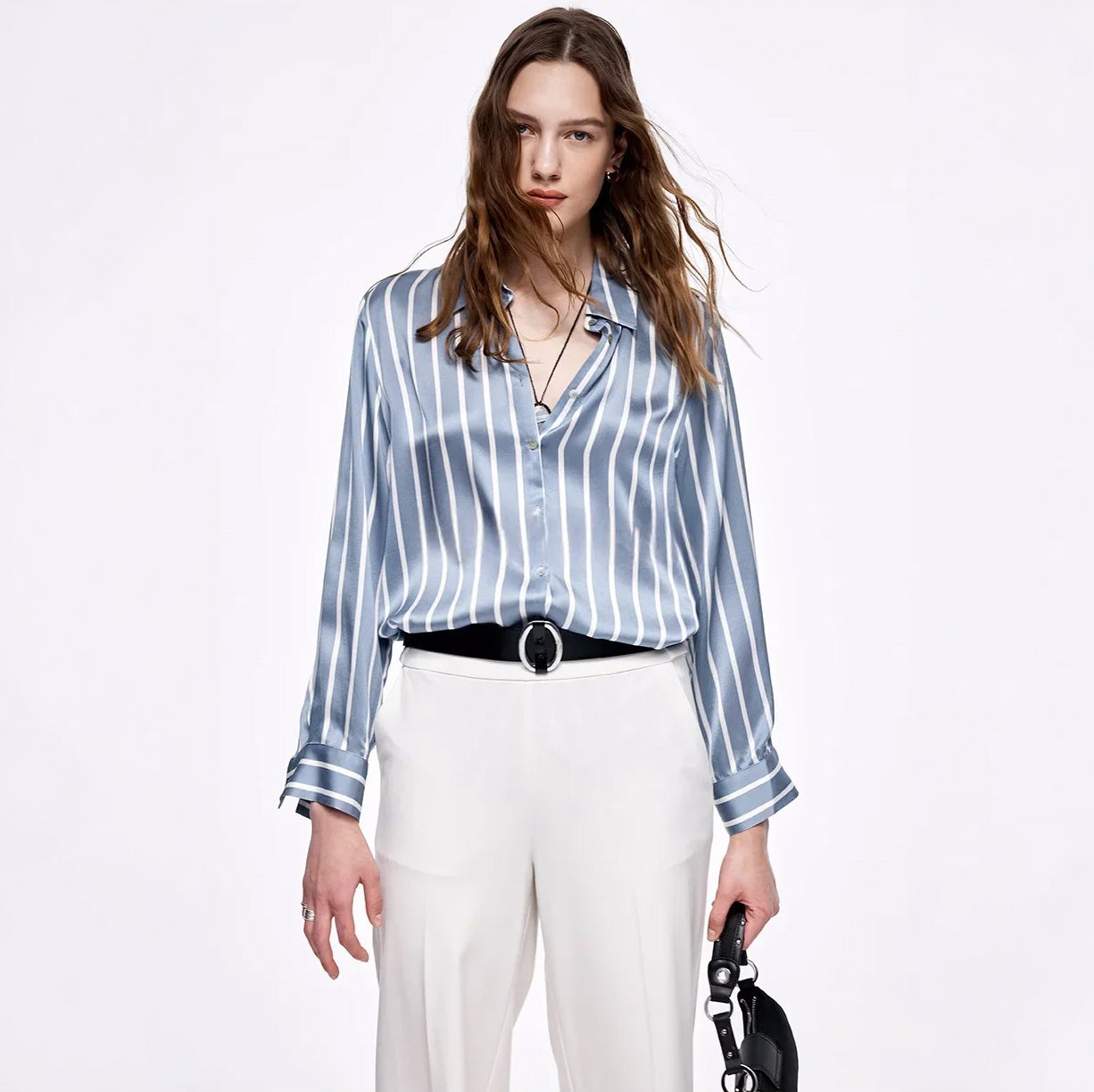 The front of the Women's Luxury 6A Mulberry Silk Shirt in Beautiful Song – Premium 100% Mulberry Silk with a Relaxed, Pajama-Inspired Silhouette for Effortless Elegance. From Borcelleclothes.